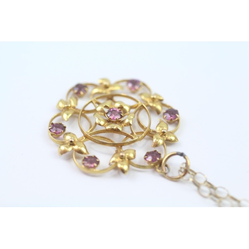 57 - 9ct Gold Antique Garnet Floral Lavaliere Pendant Necklace (3.1g)