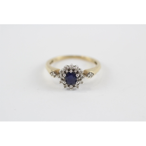 65 - 9ct Gold Diamond & Sapphire Oval Halo Ring (1.9g) Size  M