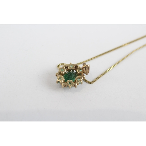 7 - 9ct Gold Diamond And Emerald Set Cluster Pendant Necklace (1.6g)