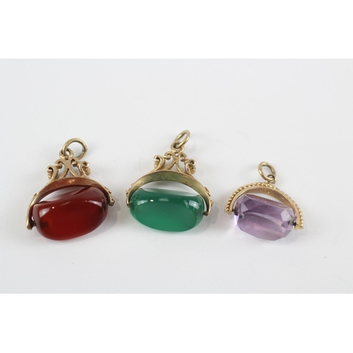 81 - 3 X 9ct Gold Vintage Amethyst, Carnelian, And Chrysoprase Set Spinner Fobs (7.5g)