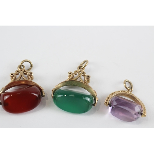 81 - 3 X 9ct Gold Vintage Amethyst, Carnelian, And Chrysoprase Set Spinner Fobs (7.5g)