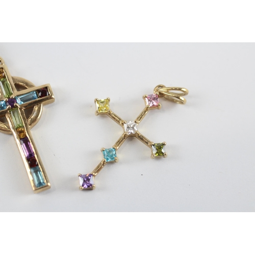 85 - 2 X 9ct Gold Vari-Hue Cubic Zirconia & Multi Gemstone Cross Pendants Inc. Topaz, Peridot, Citrine & ... 