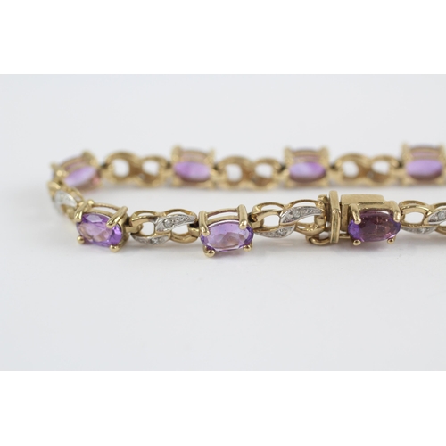 93 - 9ct Gold Diamond & Amethyst Link Bracelet (7.8g)