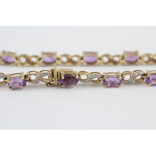 93 - 9ct Gold Diamond & Amethyst Link Bracelet (7.8g)