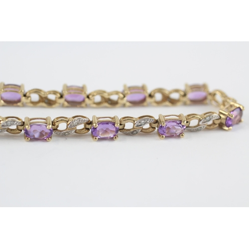 93 - 9ct Gold Diamond & Amethyst Link Bracelet (7.8g)