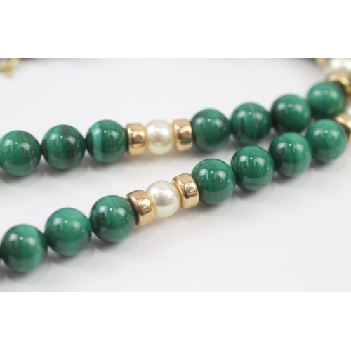 96 - 9ct Gold Vintage Malachite And Cultured Pearl Set Necklace (44g)