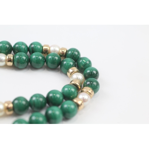 96 - 9ct Gold Vintage Malachite And Cultured Pearl Set Necklace (44g)