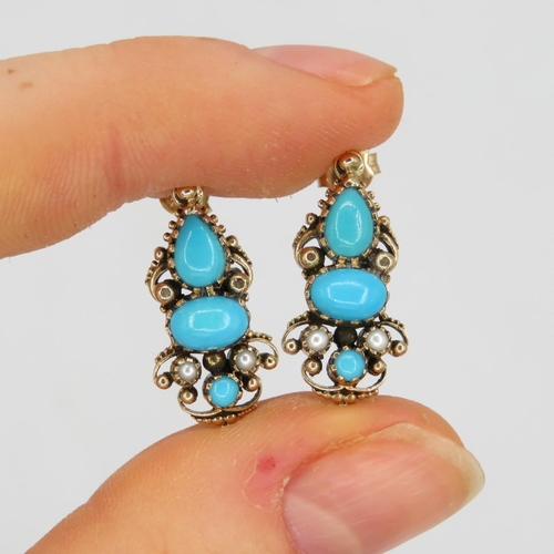 17 - 9ct Gold Vintage Turquoise And Pearl Set Stud Earrings (3g)