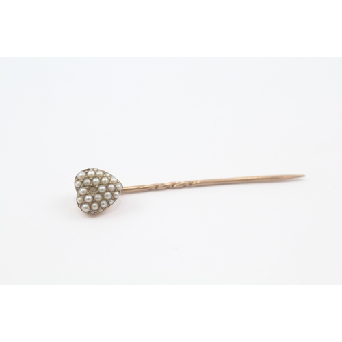 126 - 15ct gold antique Edwardian split pearl heart stick pin (2g)