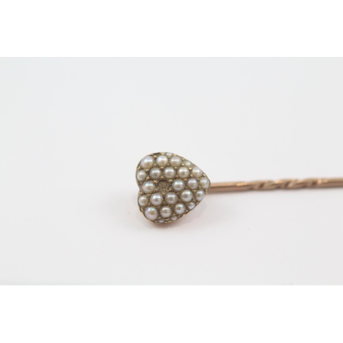 126 - 15ct gold antique Edwardian split pearl heart stick pin (2g)