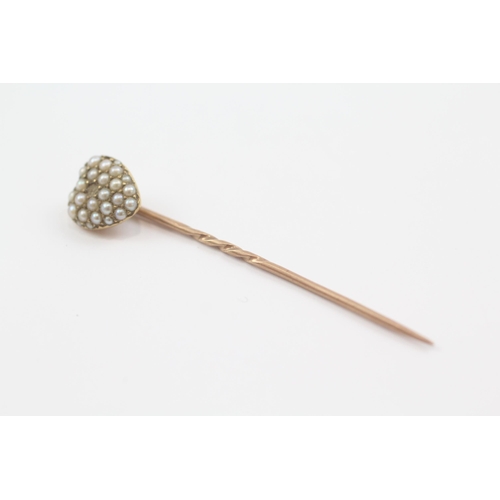 126 - 15ct gold antique Edwardian split pearl heart stick pin (2g)