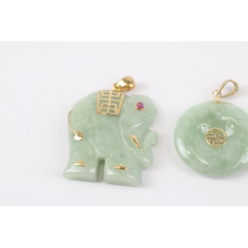 129 - 3x 14ct jade & ruby pendants & pair of drop earrings (14.4g)