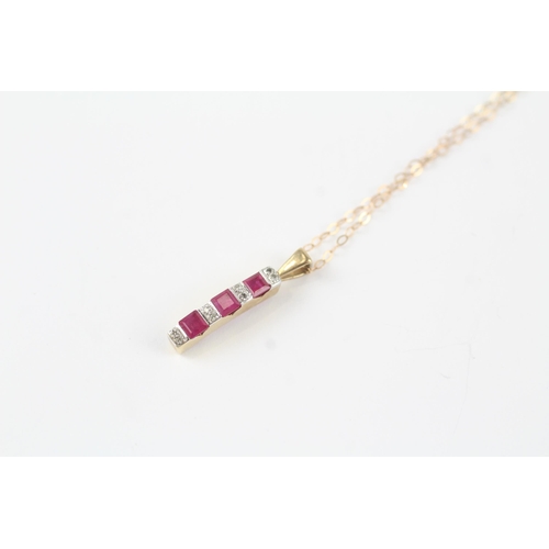 147 - 9ct gold synthetic ruby & diamond drop pendant & chain (1.3g)