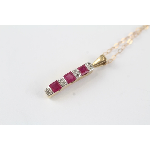 147 - 9ct gold synthetic ruby & diamond drop pendant & chain (1.3g)