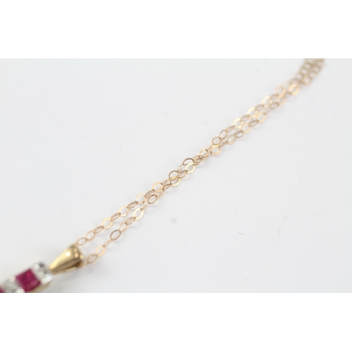 147 - 9ct gold synthetic ruby & diamond drop pendant & chain (1.3g)