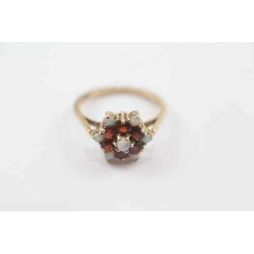 199 - 9ct gold vintage garnet & opal cluster dress ring (2.3g) Size  M