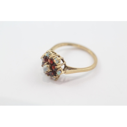 199 - 9ct gold vintage garnet & opal cluster dress ring (2.3g) Size  M