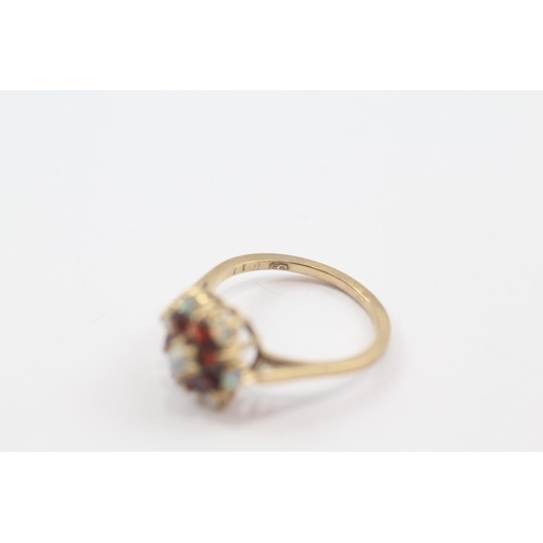 199 - 9ct gold vintage garnet & opal cluster dress ring (2.3g) Size  M