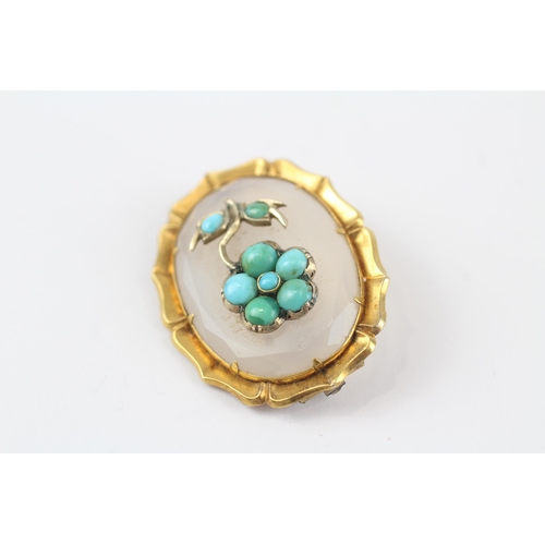 20 - 9ct gold antique white chalcedony & turquoise forget-me-not brooch with base metal pin (5.9g)