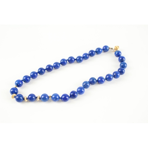 31 - 9ct gold clasp lapis lazuli single strand necklace with gold spacers (45.9g)