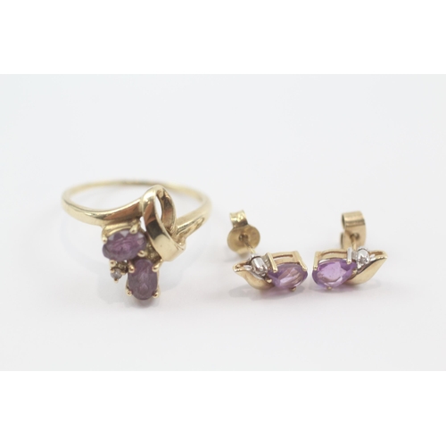 41 - 9ct gold amethyst & diamond ring & earring set (3.9g)