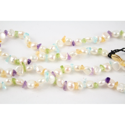48 - 14ct gold clasped Honora cultured pearl, amethyst, peridot, Citrine & topaz necklace (41.2g)