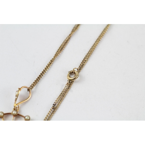49 - 12ct gold antique amethyst & split pearl lavalliere necklace (3.4g)