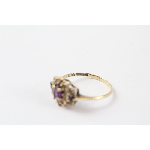 57 - 9ct gold vintage amethyst & diamond trilogy cluster ring (1.6g) Size  M 1/2