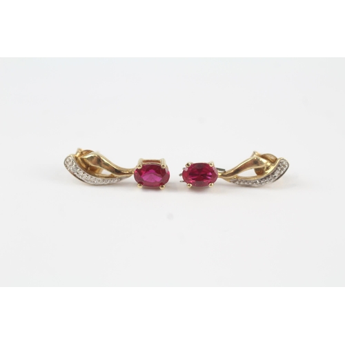 84 - 9ct gold vintage synthetic ruby & diamond paired drop earrings (2g)