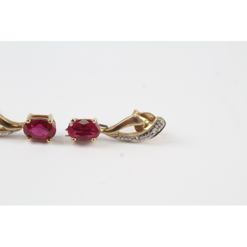 84 - 9ct gold vintage synthetic ruby & diamond paired drop earrings (2g)