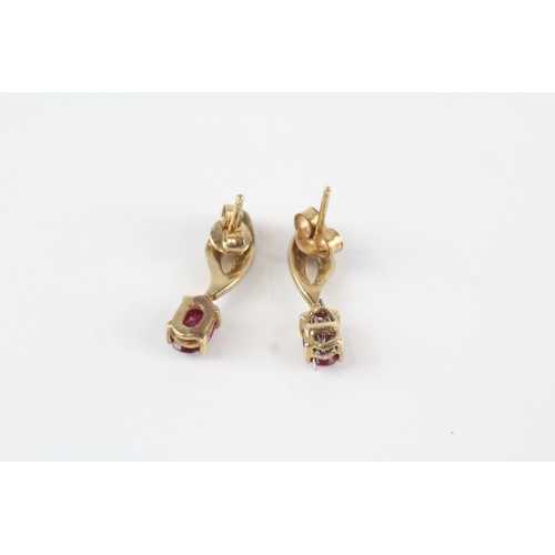 84 - 9ct gold vintage synthetic ruby & diamond paired drop earrings (2g)