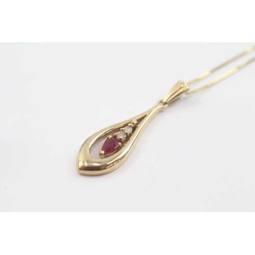 9 - 9ct gold diamond & ruby pendant necklace (2.7g)