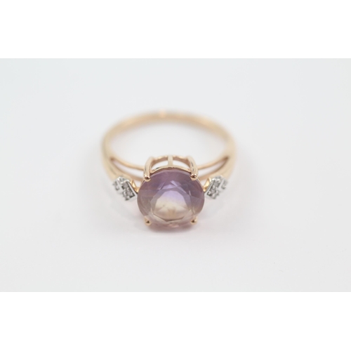 91 - 9ct gold ametrine & diamond shoulder ring (2.3g) Size  L