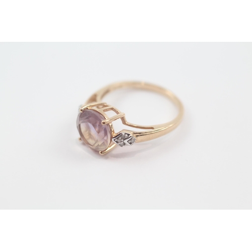 91 - 9ct gold ametrine & diamond shoulder ring (2.3g) Size  L