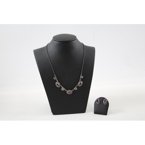 276 - Silver Amethyst and marcasite necklace and earrings set (17g)