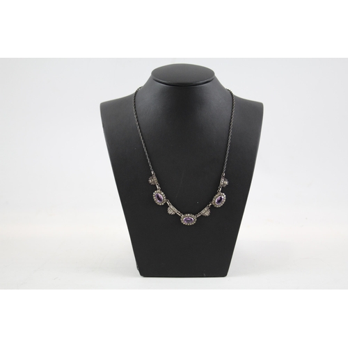 276 - Silver Amethyst and marcasite necklace and earrings set (17g)