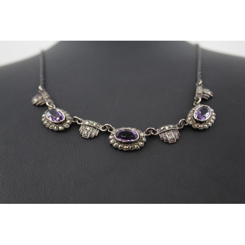 276 - Silver Amethyst and marcasite necklace and earrings set (17g)