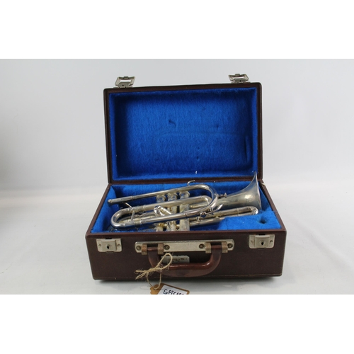 334 - B&S Sonora Cornet in Felt Lined Hard Case Silver Tone w/ Mouth Piece