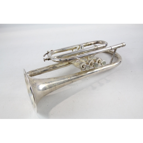 334 - B&S Sonora Cornet in Felt Lined Hard Case Silver Tone w/ Mouth Piece