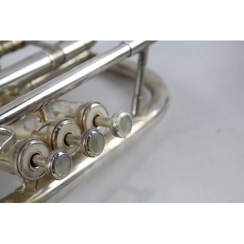 334 - B&S Sonora Cornet in Felt Lined Hard Case Silver Tone w/ Mouth Piece