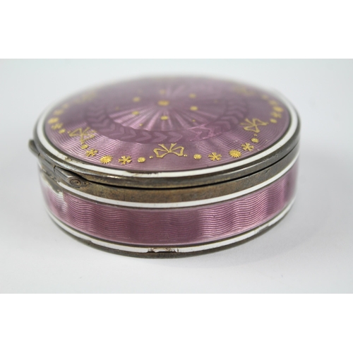 352 - Antique / Vintage .935 Silver Purple Guilloche Enamel Vanity / Pill Box (73g)