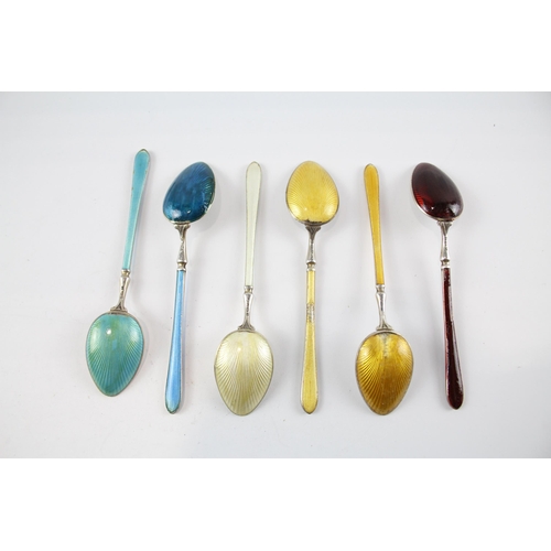 399 - 6 x Vintage Stamped .925 Sterling Silver Guilloche Enamel  Teaspoons (66g)