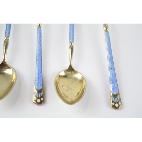 400 - 6 x Vintage Stamped .925 Sterling Silver Guilloche Enamel  Teaspoons (46g)