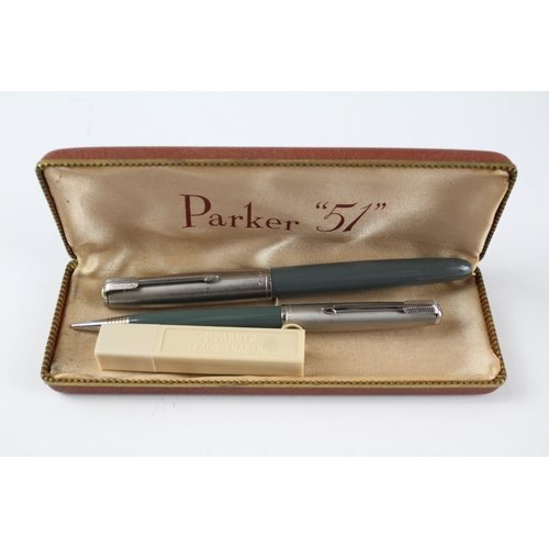 466 - Vintage PARKER 51 Grey Fountain Pen w/ 14ct Gold Nib, Pencil, Original Box Etc