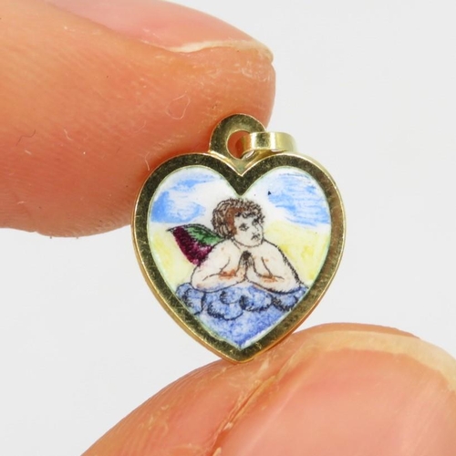 47 - 14ct gold vintage hand-painted cherub heart charm (0.8g)