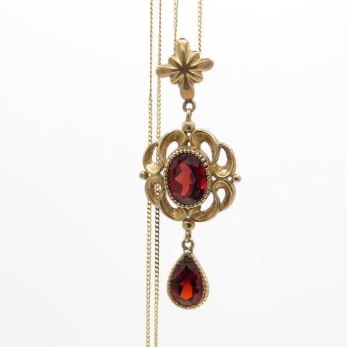 61 - 9ct gold vintage garnet drop pendant necklace (4g)