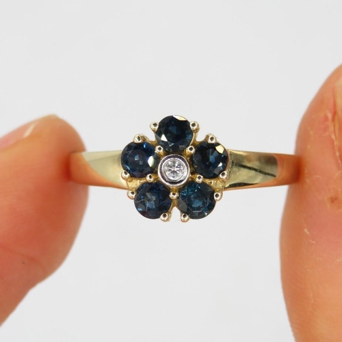 62 - 9ct gold sapphire & diamond floral cluster ring (3.1g) Size  N