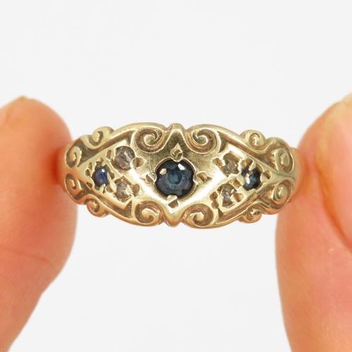 80 - 9ct gold antique sapphire & diamond ornate dress ring (1.8g) Size  O 1/2