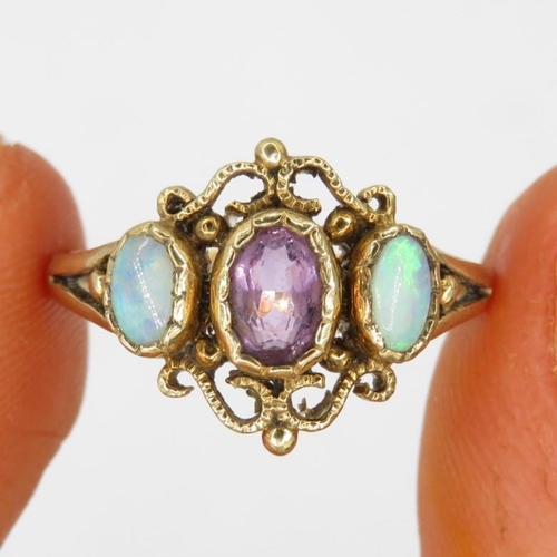 186 - 9ct gold antique amethyst & opal trilogy dress ring (2g) Size  N 1/2