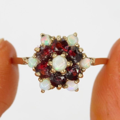 199 - 9ct gold vintage garnet & opal cluster dress ring (2.3g) Size  M